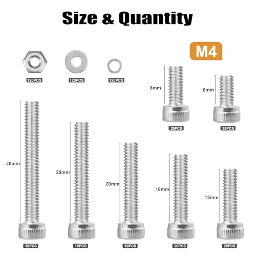 VGBUY 480pcs M4 Screws Assortment, M4 Screws (7 Sizes 6-30mm) for 3D Printer DIY, Hex Socket Head Cap Screw Bolts Nuts Washer Kit, 304 Stainless Steel, 6/8/12/16/20/25/30mm - size: M4x6/8/12/16/20/25/30mm, style: Socket Head