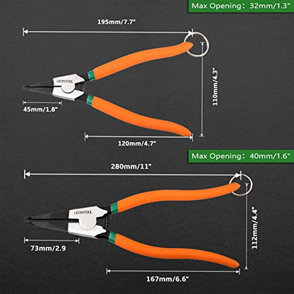 2 PCS Heavy Duty Lock Ring Pliers Set Flat Snap Ring 8'' & 11'' Special Circlip Reverse Angle Tip Retaining Ring Spreader for Transmission Transfer Cases Black,chrome - size: 8" & 11" with Ring & Rope