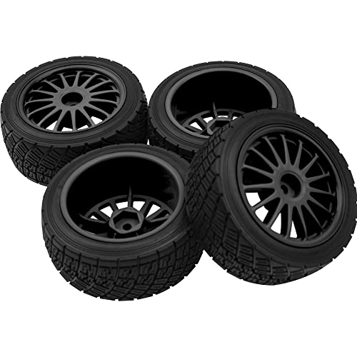 80mm/3.14" Rubber Tires & Plastic Wheel Rims 2.2 Inch 12mm Hex Hub Compatible with 1/10 HPI WR8 Off-Road Rally 1/14 WLtoys 124019 144001 1/16 Redcat Volcano RC Buggy (Black) - color: Black