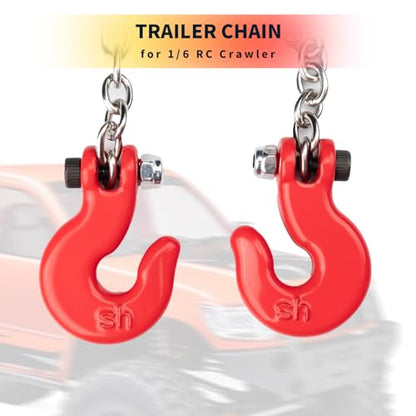 RCLIONS 1/6th Red D Shackles/Tow Hook with Trailer Tow Chain for AXIAL SCX6 AXI05000 JLU SCX6-II RC Crawler Car Decorations Accessories
