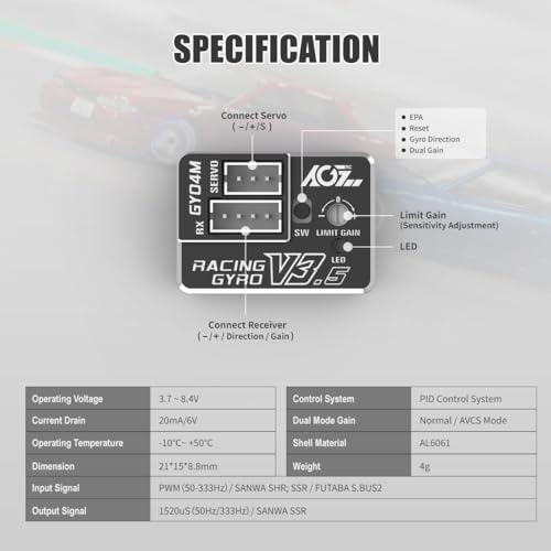 AGFRC 4g AVCS Gyro for RC Mini-Z Drift Car (GY04M V3.5 Black) | CNC Case, 3.7-8.4V, 20mA, AVCS & Normal Dual Modes, 32-bit PID Control, for Mini-Z, Competition Grade RC Drifting - color: Black