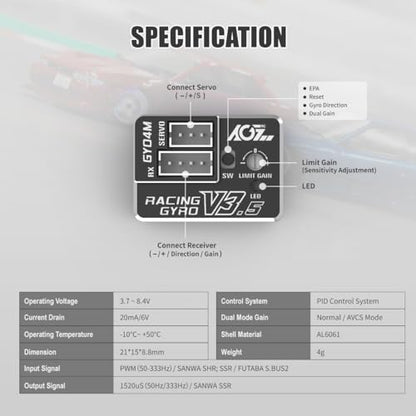 AGFRC 4g AVCS Gyro for RC Mini-Z Drift Car (GY04M V3.5 Black) | CNC Case, 3.7-8.4V, 20mA, AVCS & Normal Dual Modes, 32-bit PID Control, for Mini-Z, Competition Grade RC Drifting - color: Black