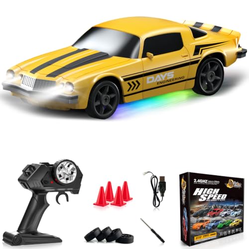 RC Drift Car 1:24 Remote Control Car 4WD 15KM/H High Speed Racing Sport Car with LED Lights RC Cars Toy for Kids Boys Girls Adults Gifts Birthday Christmas - color: Yellow
