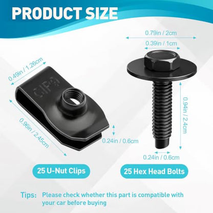 50Pcs M6-1.0 Automotive Body Bolts & U-Nut Clips Kit | Universal Carbon Steel Nuts with 10mm Hex Head Screws, Fender Liner Screw for Engine Splash Shield Underbody Cover - color: Black-M6