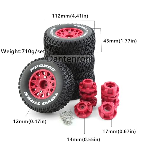 1/10 1/8 Truck Wheels and Tires 12mm 14mm 17mm Hex OD 4.41" RC Short Course Tires for 1:8 1:10 Scale Off Road Truck Car Traxxas Slash 2WD 4×4 Rc4wd Arrma Senton Axial Losi Redcat 4PCS (Red) - color: Red