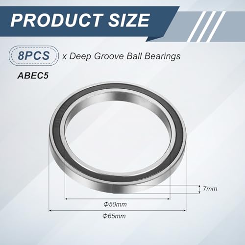 uxcell 8Pcs 6810 2RS 50mmx65mmx7mm Deep Groove Ball Bearings, Double Rubber Shielded Bearing Steel ABEC5 High Performance for Industrial Machinery Precision Transmission, Black - size: 6810 2RS 50mmx65mmx7mm