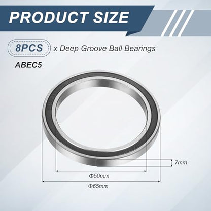 uxcell 8Pcs 6810 2RS 50mmx65mmx7mm Deep Groove Ball Bearings, Double Rubber Shielded Bearing Steel ABEC5 High Performance for Industrial Machinery Precision Transmission, Black - size: 6810 2RS 50mmx65mmx7mm