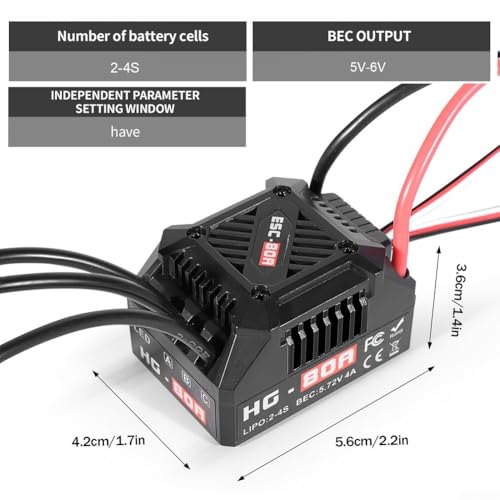 HG-80A 80A Sensorless Brushless ESC Waterproof Dustproof Design with Adjustable Brake and Throttle Settings for 1/10 Scale RC Buggy Truck On-Road Off-Road Models(A) - size: size:a