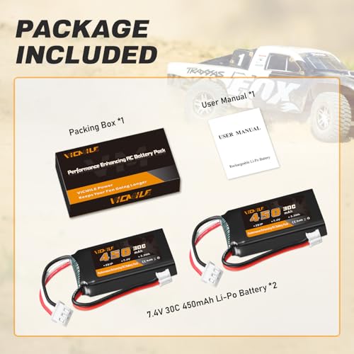 SCX24 Battery 7.4V 450mAh Lipo Battery 2S 30C Rechargeable Lipos with PH2.0 Plug Fit for Most 1/10, 1/16, 1/18, 1/24 Scale RC Cars Trucks