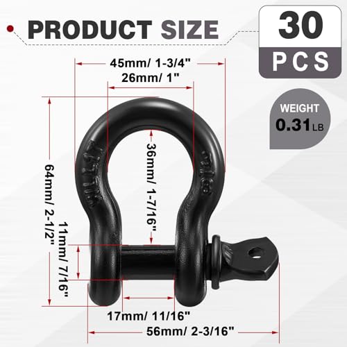 30 Pack 3/8" D Ring Shackle Heavy Duty with Screw Pin Galvanized Coating for Rigging Tow Strap Winch Off Road Truck Vehicle Recovery - size: 3/8"