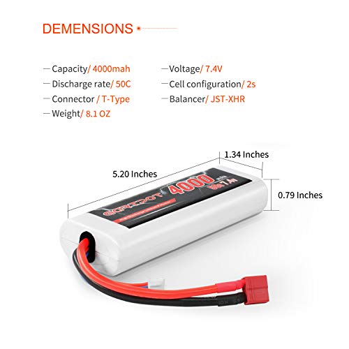 2S 4000mAh 7.4V 50C RC LiPo Battery Hardcase with T Plug for Tamiya TT01 TT02 RC Vehicles Truck Losi Slash Buggy Racing Hobby (2 Pack)