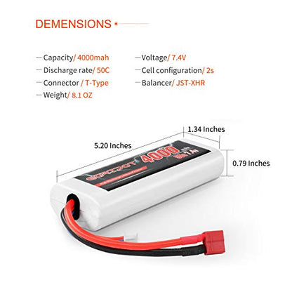 2S 4000mAh 7.4V 50C RC LiPo Battery Hardcase with T Plug for Tamiya TT01 TT02 RC Vehicles Truck Losi Slash Buggy Racing Hobby (2 Pack)