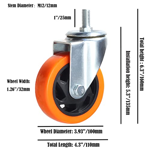 Heavy Duty Swivel Wheels, 3 Inch Yellow PVC Casters with Metric Stem M12-1.75x25mm Double Brakes Castors Safety Wheels up to 1200 Lbs/Set for Industry and Furniture Set of 4 - style: 4 Inch No Brake
