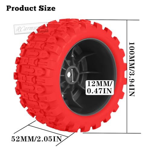 100 * 52MM 1/16 RC Monster Truck Tires 12mm Hex Adapters All-Terrain Traction Tires fit for Mini Maxx/Mini XRT, MJX 16207/16208/16209/16210,HSP 94186,E-Revo,L0S1,1/18 Mini LMT,Red&Black - color: Red&black(4pcs)