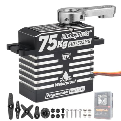 HobbyPark Waterproof 75kg High Torque RC Steering Servos Coreless Motor Digital Servo Standard Size HV Metal Gears for 1/8 1/10 RC Crawler Car Truck Buggy Basher Bashing 180° Aluminum Case