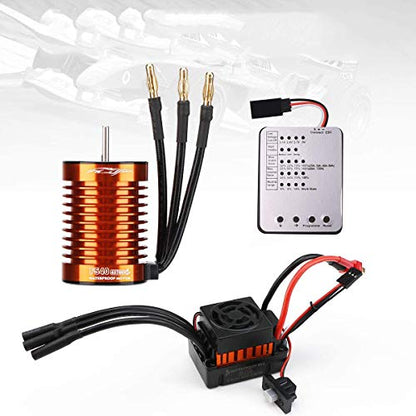F540 4370KV Brushless Motor 4 Pole 9T 3.175mm Shaft with 60A ESC Electric Speed Controller and Programming Card Motor ESC Combo Set for 1/10 RC Car Flat Drifting Car 2S Lipo Battery