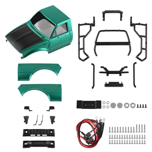 Hard Pickup Body Shell with Bed Rack for 1/24 SCX24 RC Crawler | With dual interchangeable grilles, magnetic flip-up design easy maintenance - color: Greenish Black