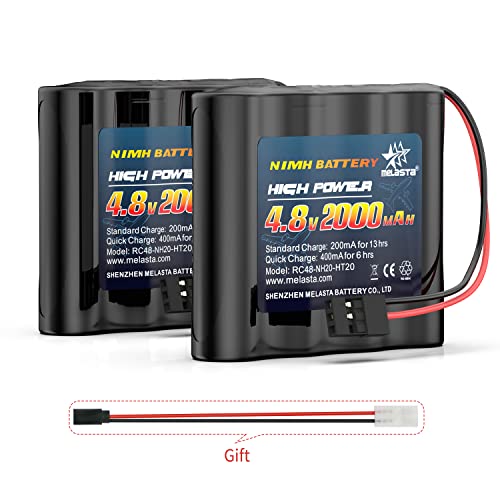 melasta 4.8V 2000mAh NiMH RX Battery 2-Pack with Hitec for Futaba | Replacement receiver pack. Hitec connectors. Includes Tamiya-to-Hitec adapter (female). For RC airplanes/aircraft. - size: 4.8V