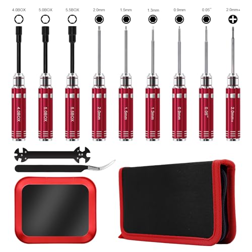 RC Tool Kit 12PCS Hex Screwdriver Nut Driver Set | Short Handle RC Tools with Hex, Phillips, Flat Drivers & Pliers for 1/18 1/24 RC Crawler, SCX24, TRX4M, Axial, Traxxas - color: Red