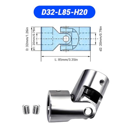20mm to 20mm Universal Joint Coupling, D32 L85 Stainless Steel Rotatable Steering Shaft U Joint Coupler Motor Connector for DIY Model RC Car Robot - size: D32-L85-H20, style: No Keyway