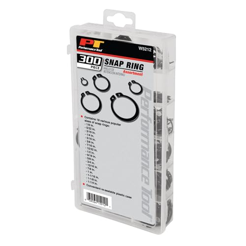 Performance Tool W5212 300-Piece External Snap Ring Assortment Kit | Contains 18 popular sizes of external retaining rings and circlips. Re-sealable plastic storage case included - size: 32 Inch