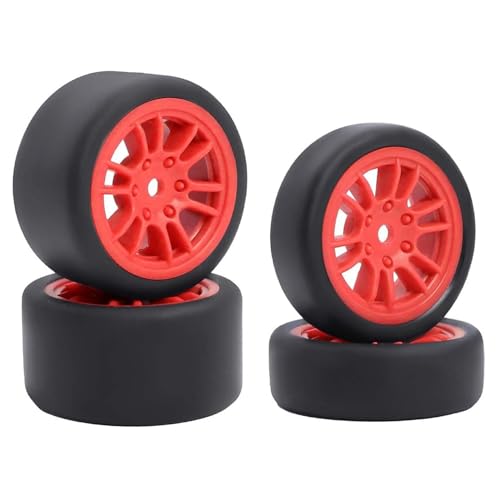 4PCS Pre-Glued On-Road Drift Racing Smooth Rubber Tires and Wheel Rims Set 7MM Hexagon for 1/24 Losi Micro-B RC Car Upgrades Parts (12Spoke-Red) - color: 12spoke-red