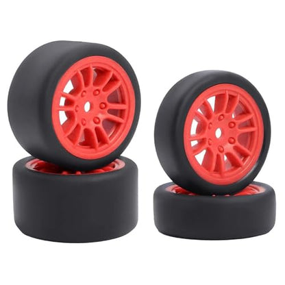 4PCS Pre-Glued On-Road Drift Racing Smooth Rubber Tires and Wheel Rims Set 7MM Hexagon for 1/24 Losi Micro-B RC Car Upgrades Parts (12Spoke-Red) - color: 12spoke-red