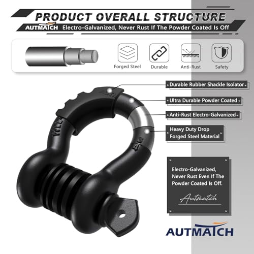 AUTMATCH 3/4" D Ring Shackles (2-Pack) - 41,887 lbs Break Strength | Clevis Shackle with 7/8" Pin & Isolator Washer Kit for Tow Strap, Winch, Towing & Off-Road Vehicle Recovery, Frosted Black - color: Frosted Black