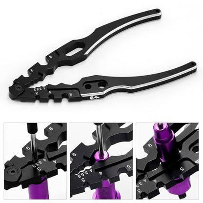 Multifunction RC Shock Absorber Plier with 4PCS Wrench 3.0/3.2/3.5/3.7/4.0/5.0/5.5/6.0mm Turnbuckle Nut Ball Joint Remover for RC Car Boat Model Repair Tool Kit - color: Black & Purple