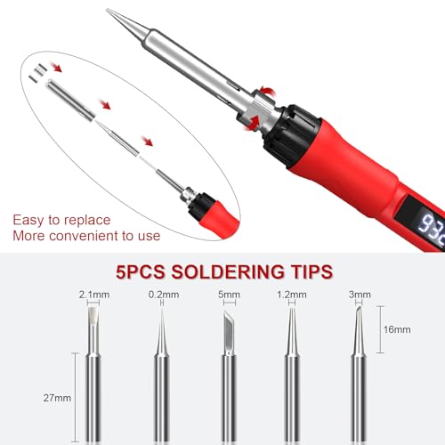 Soldering Iron Kit, 100W Soldering Gun with LED Digital Display, Adjustable Temperature 356-932℉ Solder Kit for Electronics, Includes Soldering Iron Tip, Solder Wire, Stand, Tweezers and Paste, Red - color: Red