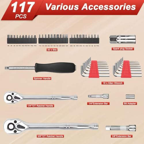 Egofine 117 Pieces 1/4 & 3/8 inch Drive Socket Ratchet Wrench Set, Metric/SAE Size, with Bit Socket Set and Extension Bar for Auto Repairing and Household, with Storage Case - style: 3/8" & 1/4" 117 PCS with 72 Teeth Ratchet