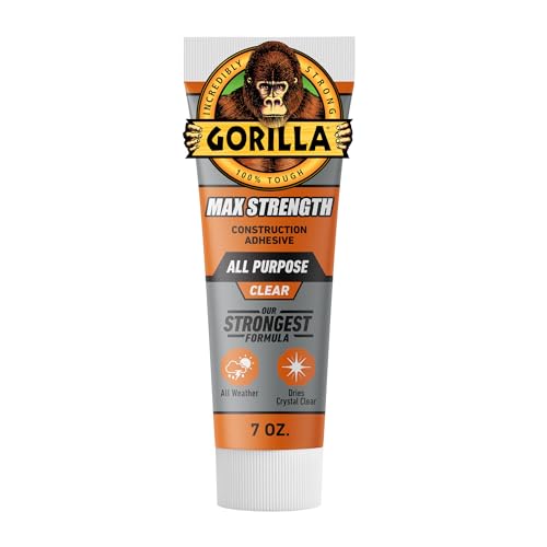 Gorilla Max Strength Construction Adhesive, Clear, 7 oz Tube, 1-Pack | Waterproof Gap-Filling Formula, Bonds Wood, Metal, Tile, Stone, Glass, Mirror, Indoor & Outdoor Use, Paintable & Sandable - size: 7oz, style: 1 Pack