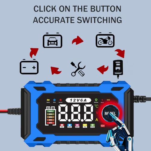 6A 12V Smart Battery Charger Maintainer (Blue) | 6A Smart Charger Maintainer, Pulse Desulfator, Trickle Tender, Overcharge Safe, AGM/GEL/SLA, for Car/Marine/Lawn Mower/ATV - color: Blue