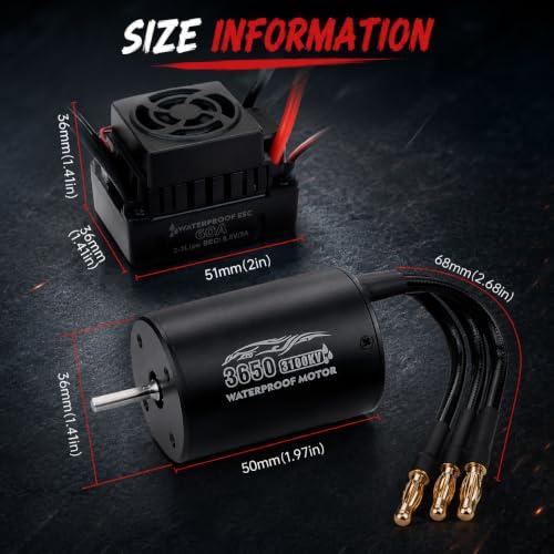 3650 3100KV Brushless Motor ESC Combo, Waterproof 60A Sensorless Brushless ESC for 1/10 RC Cars, 2S LiPo Brushless Motor Kit for Off-Road, Buggy, Monster Truck, Touring Car