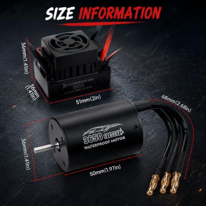 3650 3100KV Brushless Motor ESC Combo, Waterproof 60A Sensorless Brushless ESC for 1/10 RC Cars, 2S LiPo Brushless Motor Kit for Off-Road, Buggy, Monster Truck, Touring Car