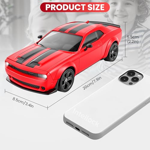 IntelLock 1:24 RTR RC Drift Car with Scratch-Free Drift Tires, 4WD High-Speed Muscle, 2 Rechargeable Batteries, LED Lights, 2.4GHz Remote Control Car for Kids & Adults, Indoor/Outdoor (Red 2)