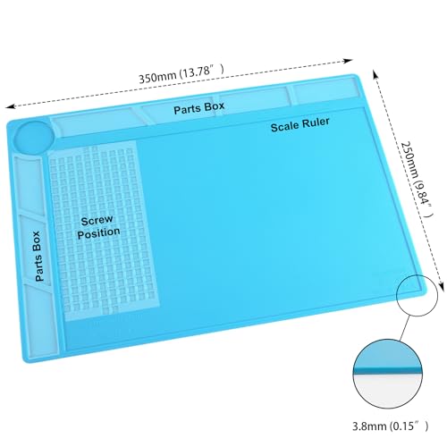 CPB Silicone Soldering Repair Mat, 13.7" x 9.8" Heat Resistant Work Mat | with Scale Rule and Screw Position for Soldering Iron, Electronics, Computer, Cellphone -（Blue）