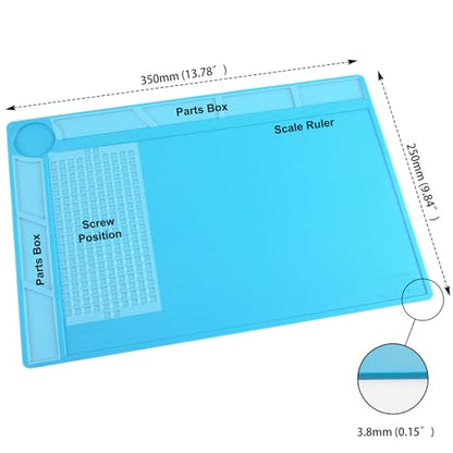 CPB Silicone Soldering Repair Mat, 13.7" x 9.8" Heat Resistant Work Mat | with Scale Rule and Screw Position for Soldering Iron, Electronics, Computer, Cellphone -（Blue）