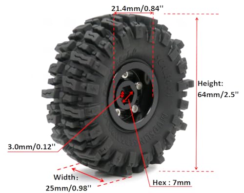 Soft Sticky 64 * 25mm 1.0 Mud Slingers tires & Heavy 1.0 Beadlock Wheels rims For RC Crawler 1/24 AX24 SCX24 FCX24 1/18 TRX4M Upgrades - color: Black