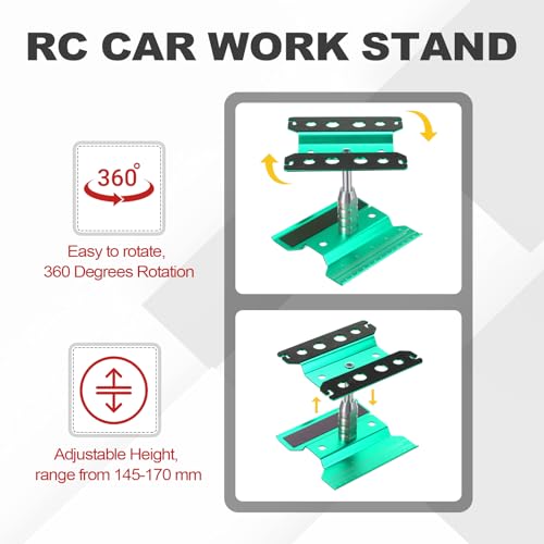 MECCANIXITY 1 Set RC Car Work Stand Lift Lower Aluminum Repair Workstation 360 Degree Rotation with Green Screw Tray and Screw Box for 1/8 1/10 1/16 Scale RC Car Crawler Truck Vehicle (Green) - color: Green