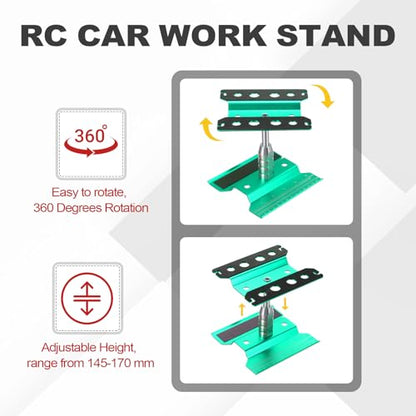 MECCANIXITY 1 Set RC Car Work Stand Lift Lower Aluminum Repair Workstation 360 Degree Rotation with Green Screw Tray and Screw Box for 1/8 1/10 1/16 Scale RC Car Crawler Truck Vehicle (Green) - color: Green