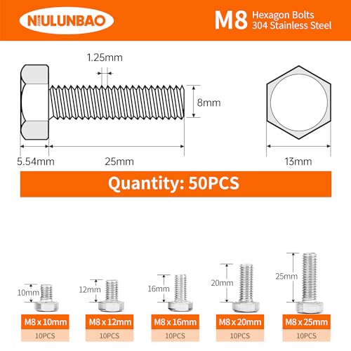 M8 x 10mm 12mm 16mm 20mm 25mm Heavy Duty Hexagon Bolts Hex Head Screws, 304 Stainless Steel, Machine Fully Thread, Metric, Bright Finish, Assortment Kit 50PCS - size: M8 x 10/12/16/20/25mm (50PCS)