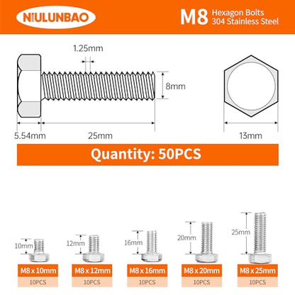 M8 x 10mm 12mm 16mm 20mm 25mm Heavy Duty Hexagon Bolts Hex Head Screws, 304 Stainless Steel, Machine Fully Thread, Metric, Bright Finish, Assortment Kit 50PCS - size: M8 x 10/12/16/20/25mm (50PCS)
