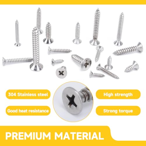 542PCS #4#6#8#10#12 Phillips Flat Head Screw Set Stainless Steel Wood Screws Assortment Kit, Assorted Sheet Metal Self Tapping Screws, 18-8(304) Stainless Steel (Flat Silver) - style: flat silver