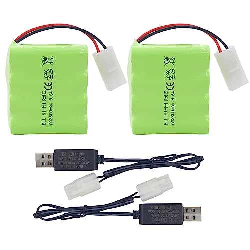2PCS AA 9.6V 2800mAh Ni-MH High Capacity Battery with Tamiya Plug and 2PCS USB Charging Cable for Toy Tank Engineering, Flat Semi-Trailer Truck, RC Car Spare Batteries Pack