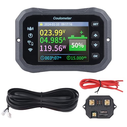 WiF Battery Monitor with Shunt, Remote Monitoring 2.4 Inch HD Screen, Multiple Parameter Measurements, Built in Reminder, Wide Battery Compatibility