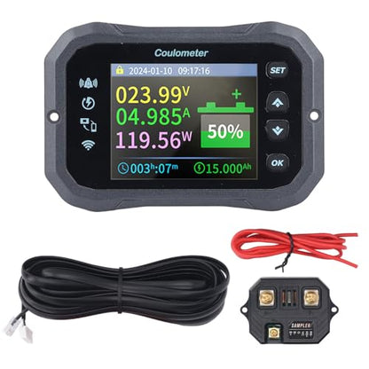 WiF Battery Monitor with Shunt, Remote Monitoring 2.4 Inch HD Screen, Multiple Parameter Measurements, Built in Reminder, Wide Battery Compatibility
