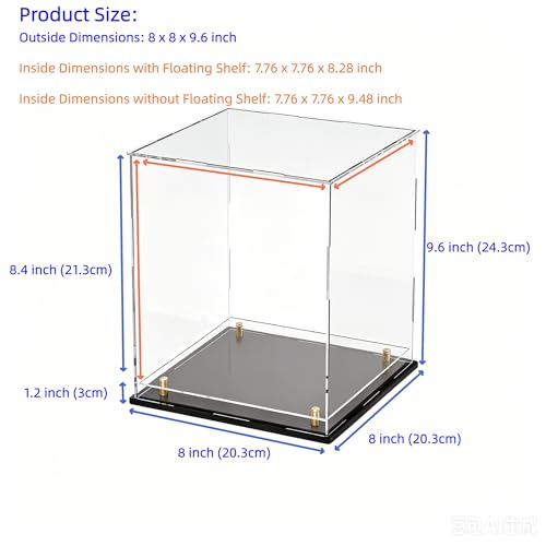 Acrylic Display Case with Raised Shelf, Clear Display Box with Black Base & Gold Standoffs, Dustproof Showcase for Collectibles, Figures, Model Cars – Easy Assembly (8×8×9.6 Inch) - size: 8"L x 8"W x 9.6"H