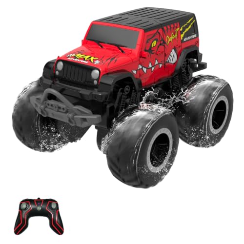 STEMTRON Amphibious Remote Control Car 2.4GHz 1:20 Scale, Waterproof IPX7 RC Monster Truck for Land and Water, High Speed All Terrain Off-Road Vehicle RC Stunt Car Toy Gift for Boys and Girls Red - color: Red Suv, size: 1:20 Scale