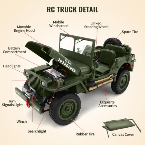 Remote Control Truck Off Road - 4x4 1/10 Scale Willys Army Rock Crawler RC Truck with Winch&Car Cover, 40Mins Play Time All Terrain Offroad RC Car, Military Vehicle Toys for Boys, Radio Controlled Car - color: Army Green